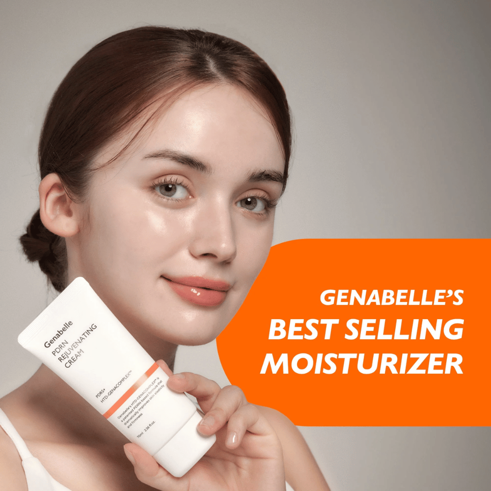 Henkilö pitelee Genabelle PDRN Rejuvenating Cream kameraa kohti. Kuva tuo esiin tuotteen bestseller-kasvovoiteena keskittyen kosteutukseen, ihon uudistumiseen ja terveeseen, hehkuvaan ihoon.