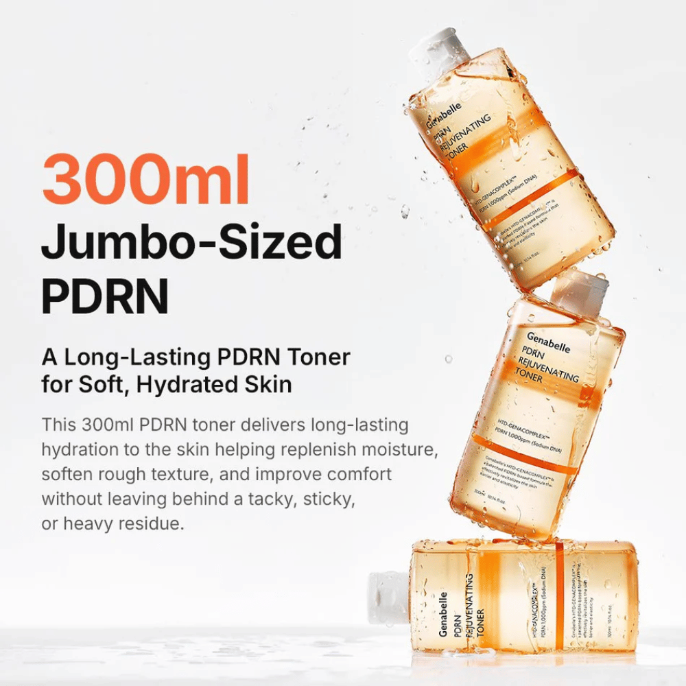 Genabelle PDRN Rejuvenating Toner 300 ml, jossa on PDRN, joka antaa pitkäkestoista kosteutusta, pehmeämmän ihon ja raikkaan ihotunteen ilman tahmeutta.