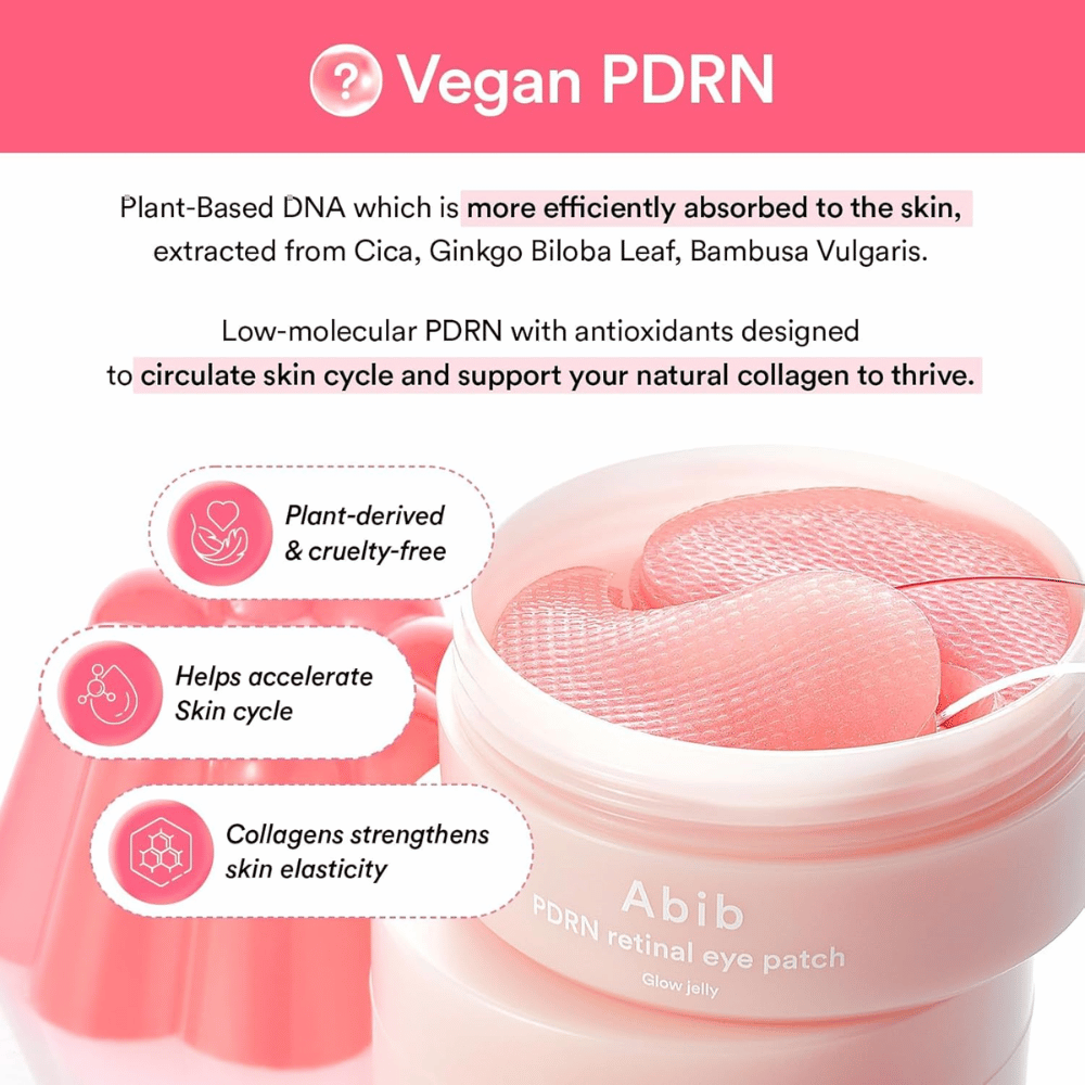 Abib PDRN Retinal Eye Patch Glow Jelly vegaanisella PDRN kasviuutteista, jotka vahvistavat ihon elastisuutta, lisäävät kollageenia ja parantavat ihon rakennetta.