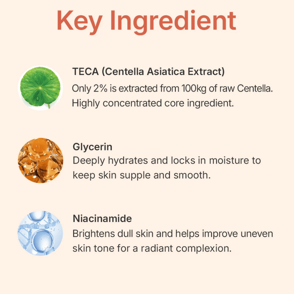 MADECA LAB PDRN Glow Gel Mask avainainesosat – TECA Centella Asiaticasta, glyseriini ja niasiiniamidi, jotka rauhoittavat ihoa, kosteuttavat syvältä ja parantavat ihon sävyä.