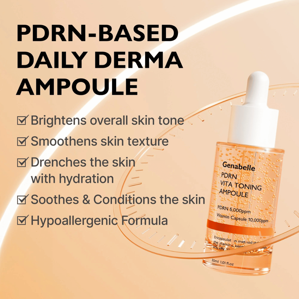 Tuotekuva tuotteesta Genabelle PDRN Vita Toning Ampoule, jossa on tekstiä kosteutuksesta, tasaisemmasta ihonsävystä ja rauhoittavista ominaisuuksista herkälle iholle hypoallergeenisella koostumuksella.