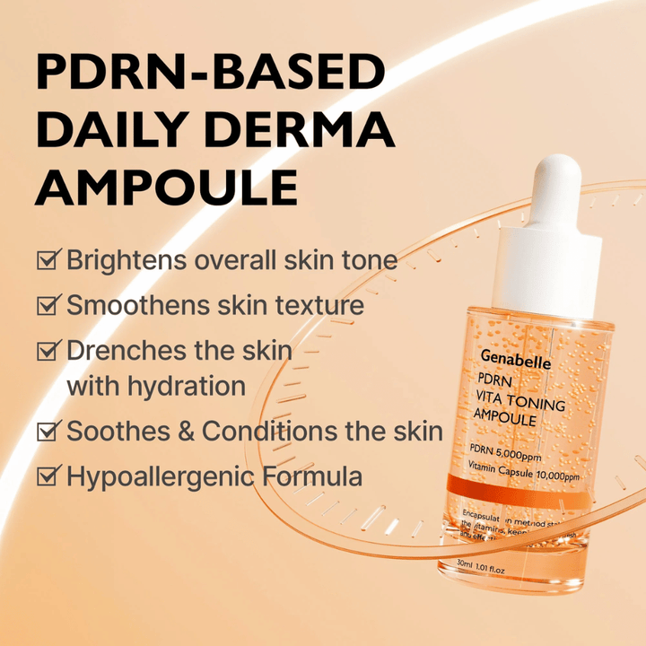 Tuotekuva tuotteesta Genabelle PDRN Vita Toning Ampoule, jossa on tekstiä kosteutuksesta, tasaisemmasta ihonsävystä ja rauhoittavista ominaisuuksista herkälle iholle hypoallergeenisella koostumuksella.