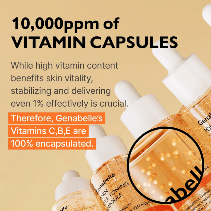 Genabelle PDRN Vita Toning Ampoule kapseloiduilla vitamiineilla seerumissa, jotka korostavat hehkua tuovaa koostumusta, jossa on C-, B- ja E-vitamiinia hehkua ja ihon elinvoimaa varten.