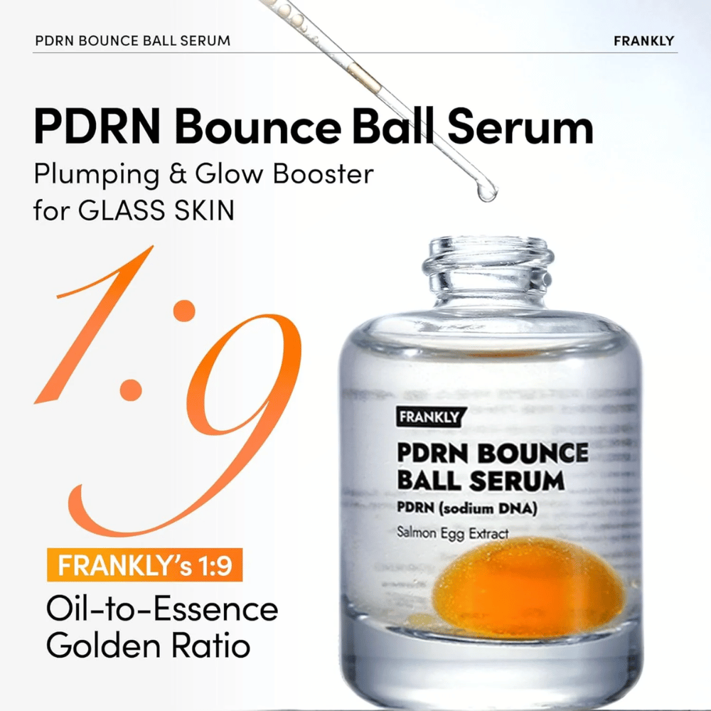 FRANKLY PDRN Bounce Ball Serum – kosteuttava ja kiinteyttävä seerumi, jossa on ainutlaatuinen 1:9 öljy-essenssisuhe lasimaisen ihon vaikutuksen saamiseksi.