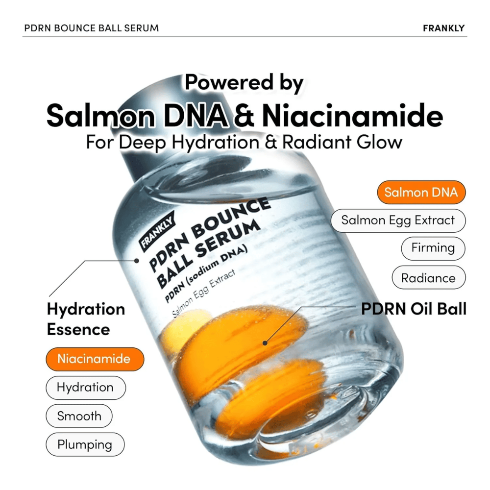 FRANKLY PDRN Bounce Ball Serum lohen-DNA:lla ja niasiiniamidilla – syväkosteutus, kimmoisuus ja säteilevä hehku.