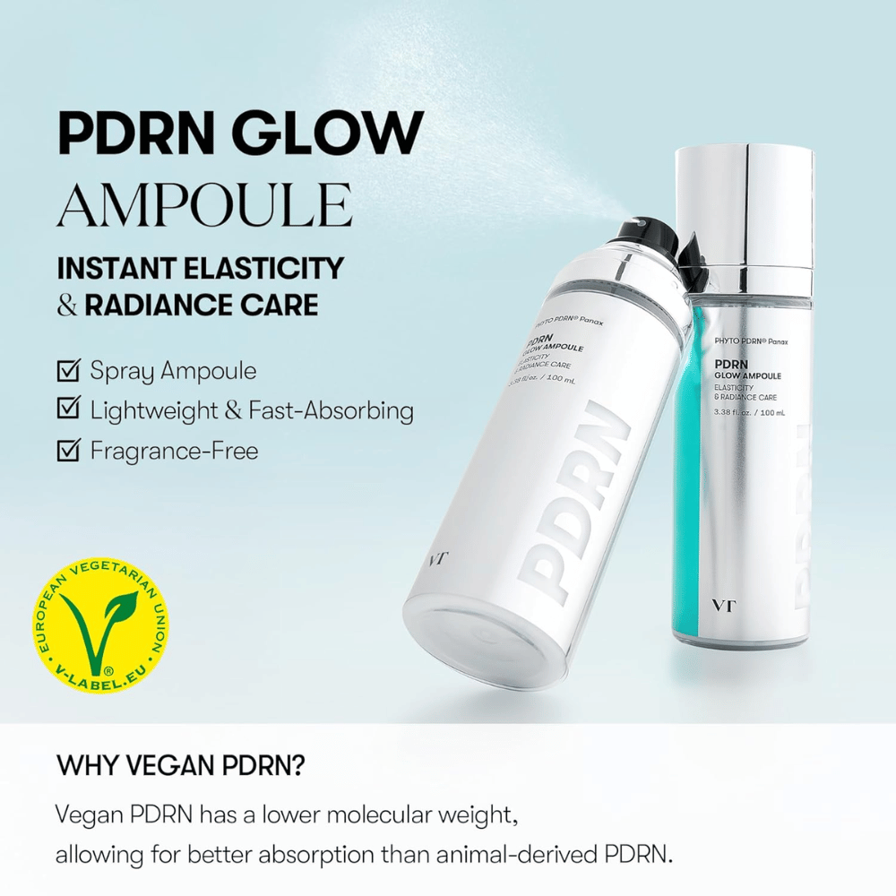 Kuva kahdesta VT PDRN Glow Ampoule pullosta, suihkepullosta ja pumppupullosta, tiedolla, että tuote antaa välittömästi joustavuutta ja hehkua. Teksti mainitsee, että tuote on kevyt, nopeasti imeytyvä ja hajuton, ja että se sisältää vegaanista PDRN paremman imeytymisen takaamiseksi. V-merkki kasvisperäisestä sisällöstä näkyy myös.
