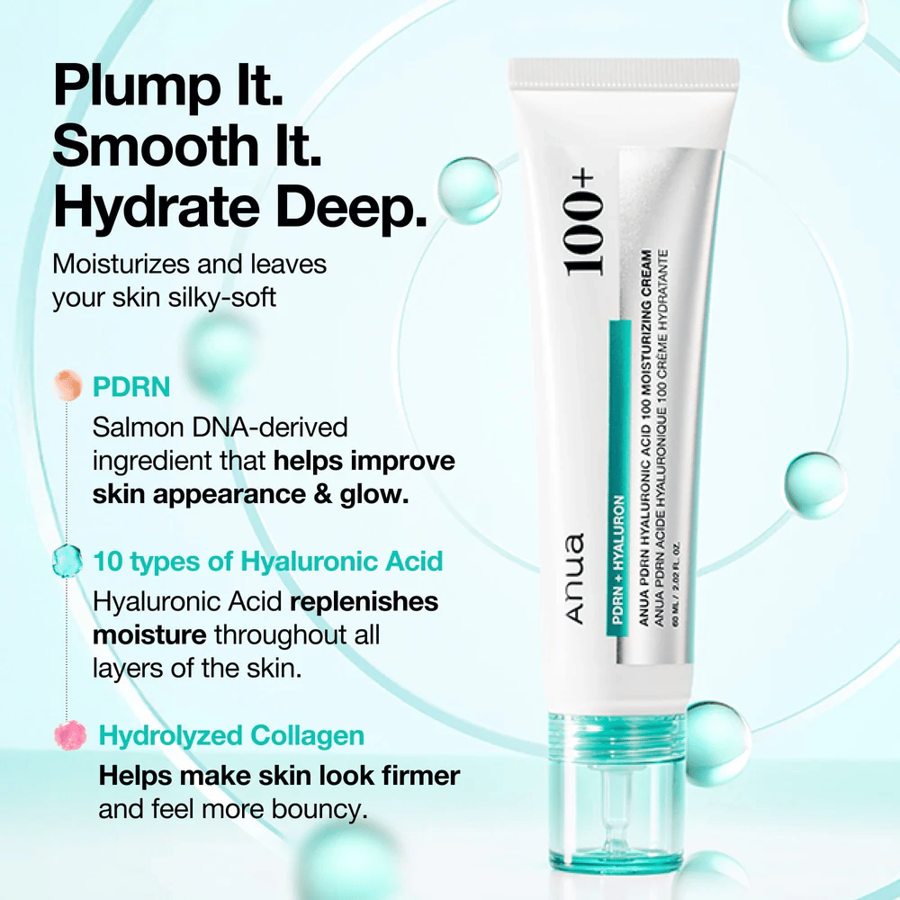 Anua PDRN Hyaluronic Acid 100 Moisturizing Cream hyaluronihapolla, PDRN ja kollageenilla – kosteuttaa, tasoittaa ja vahvistaa ihoa.
