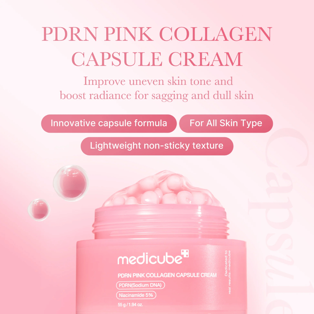 Vaaleanpunainen purkki Medicube PDRN Pink Collagen Capsule Cream, ympäröitynä kapselimaisilla kuplilla ja tekstillä, joka korostaa voiteen ominaisuuksia epätasaiselle ihonsävylle, hehkulle ja kaikille ihotyypeille.
