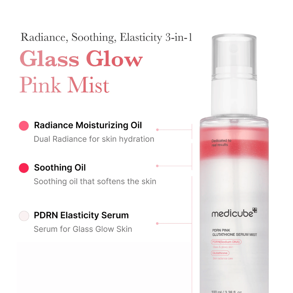 Tuotekuva Medicube PDRN Pink Glutathione Serum Mist, jossa on kolme kerrosta: kosteuttava öljy, rauhoittava öljy ja PDRN-seerumi hehkua, kimmoisuutta ja pehmeää ihoa varten.