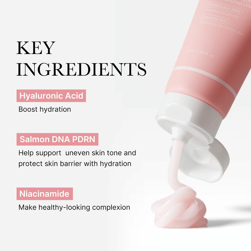 Medicube PDRN Pink Hyaluronic Moisturizing Cream, jonka avainainesosat ovat hyaluronihappo, lohi-DNA PDRN ja niasiiniamidi, esitettynä tuubista tulevalla vaaleanpunaisella voiteella.