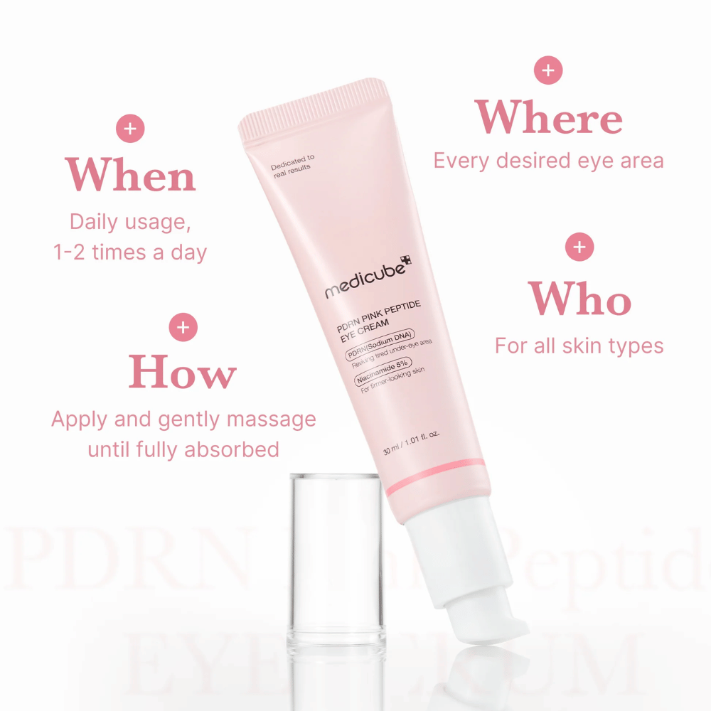 Medicube PDRN Pink Peptide Eye Cream, 30 ml tuubi. Silmänympärysvoide PDRN ja 5 % niasiiniamidia. Käytetään 1–2 kertaa päivässä silmien ympärillä. Sopii kaikille ihotyypeille.