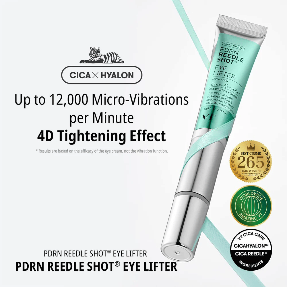 Silmänympärysvoide merkiltä VT Cosmetics, jossa on PDRN ja mikrovärähtelytoiminto, joka vähentää juonteita, kosteuttaa syvältä ja tekee silmänympärysihosta kiinteämmän