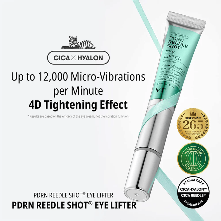 Silmänympärysvoide merkiltä VT Cosmetics, jossa on PDRN ja mikrovärähtelytoiminto, joka vähentää juonteita, kosteuttaa syvältä ja tekee silmänympärysihosta kiinteämmän