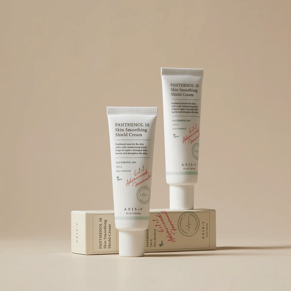 AXIS-Y Panthenol 10 Skin Smoothing Shield Cream tuotteen ja pakkauksen kanssa