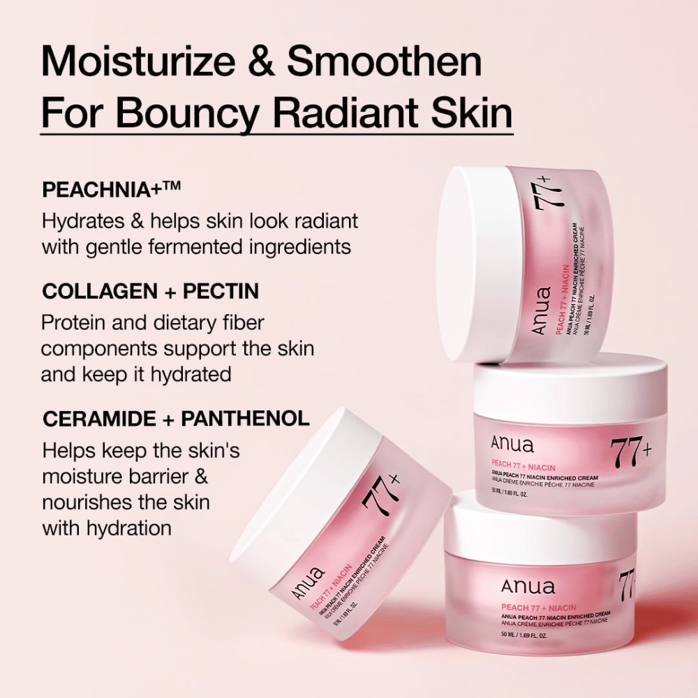 Anua Peach 77% Niacin Enriched Cream PEACHNIA™:lla, kollageenilla, pektiinillä, keramidilla ja pantenolilla kosteutetulle, joustavalle iholle.