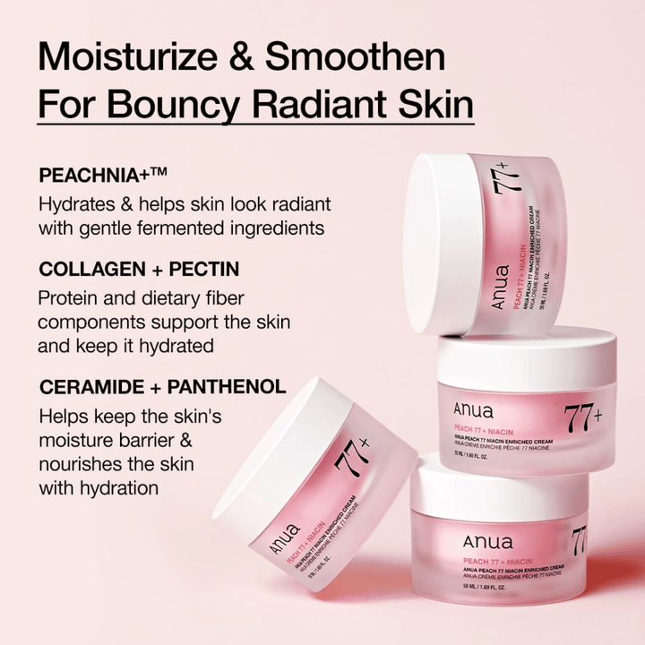 Anua Peach 77% Niacin Enriched Cream PEACHNIA™:lla, kollageenilla, pektiinillä, keramidilla ja pantenolilla kosteutetulle, joustavalle iholle.