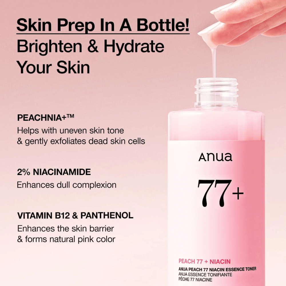 Anua Peach 77 Niacin Essence Toner vaaleanpunaisessa pullossa, tekstillä, joka nostaa esiin PEACHNIA+:n, 2 % niasiiniamidin sekä B12-vitamiinin ja pantenolin ihon kirkastamiseksi ja suojaavan esteen vahvistamiseksi.
