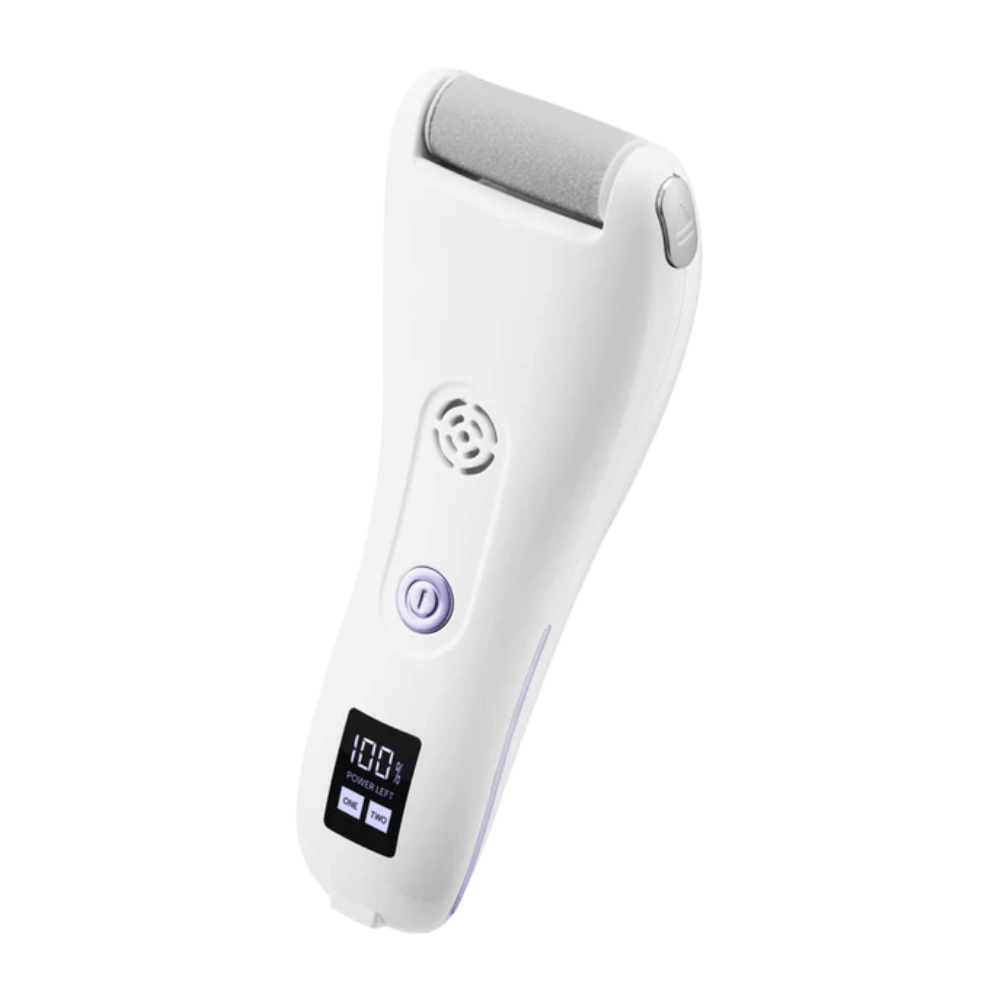 9. BAREN Pedi Mate Dual Power Vacuum Type Electric Callus Remover – valkoinen ladattava sähköinen jalkaviila digitaalisella näytöllä ja violeteilla yksityiskohdilla