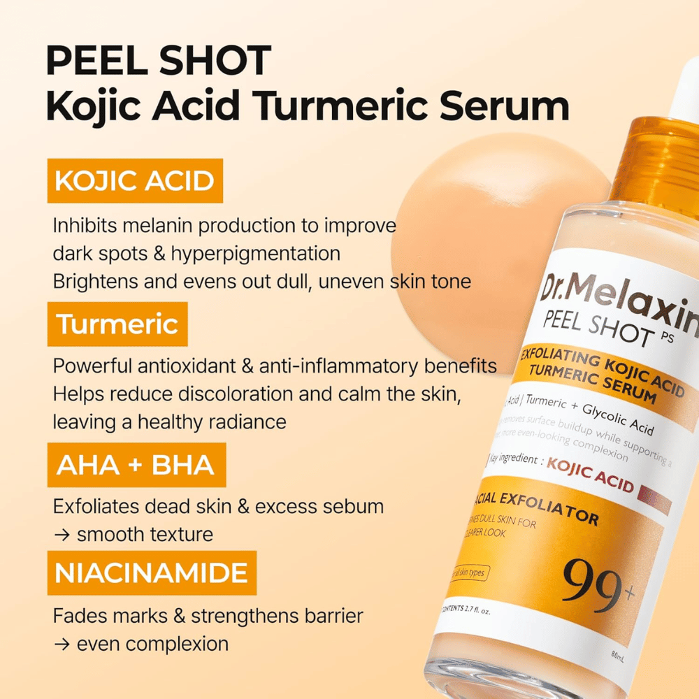 Kuoriva seerumi, jossa on kojic acidia ja kurkumaa ja jota hierotaan ihoon hyperpigmentaation vähentämiseksi ja hehkun saamiseksi