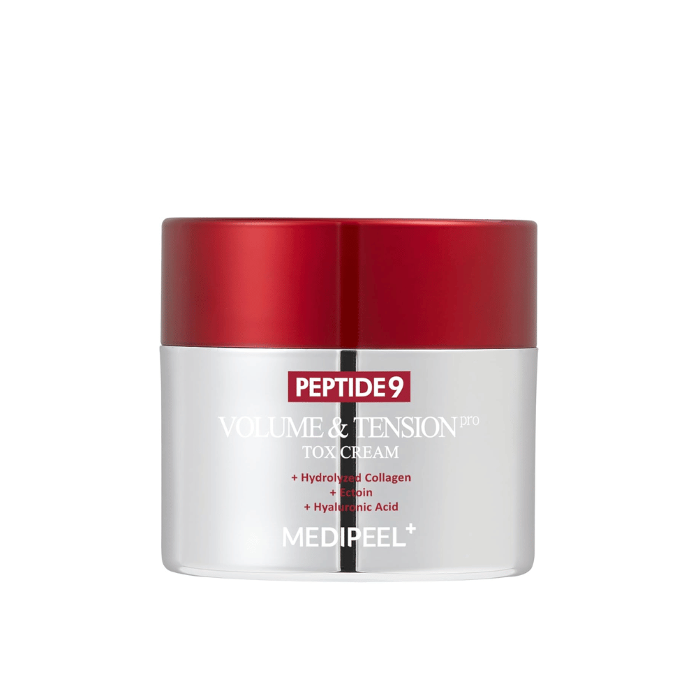 MEDI-PEEL Peptide 9 Volume & Tension Tox Cream hopeisessa purkissa, jossa on punainen kansi. Ikääntymistä estävä voide, joka sisältää peptidejä ja kollageenia ja vahvistaa ihon kimmoisuutta.