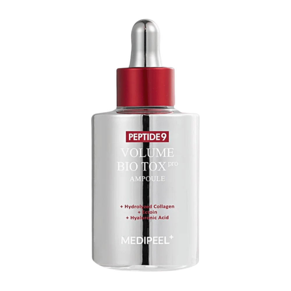 MEDI-PEEL Peptide 9 Volume Bio Tox Pro Ampoule hopeapullossa punaisella pipetillä. Ikääntymistä estävä seerumi, joka antaa kimmoisuutta, volyymia ja intensiivistä kosteutusta.
