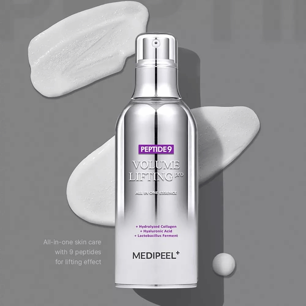Medi-Peel Peptide 9 Volume Lifting All In One Essence Pro – korealainen essence peptideillä, kollageenilla ja hyaluronihapolla, joka auttaa kosteuttamaan ihoa ja parantamaan ihon elastisuutta.