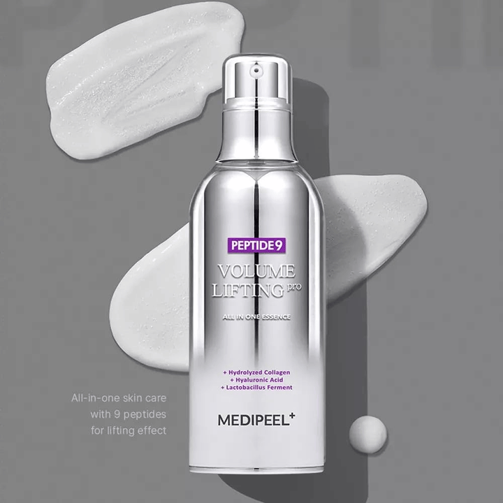 Medi-Peel Peptide 9 Volume Lifting All In One Essence Pro – korealainen essence peptideillä, kollageenilla ja hyaluronihapolla, joka auttaa kosteuttamaan ihoa ja parantamaan ihon elastisuutta.