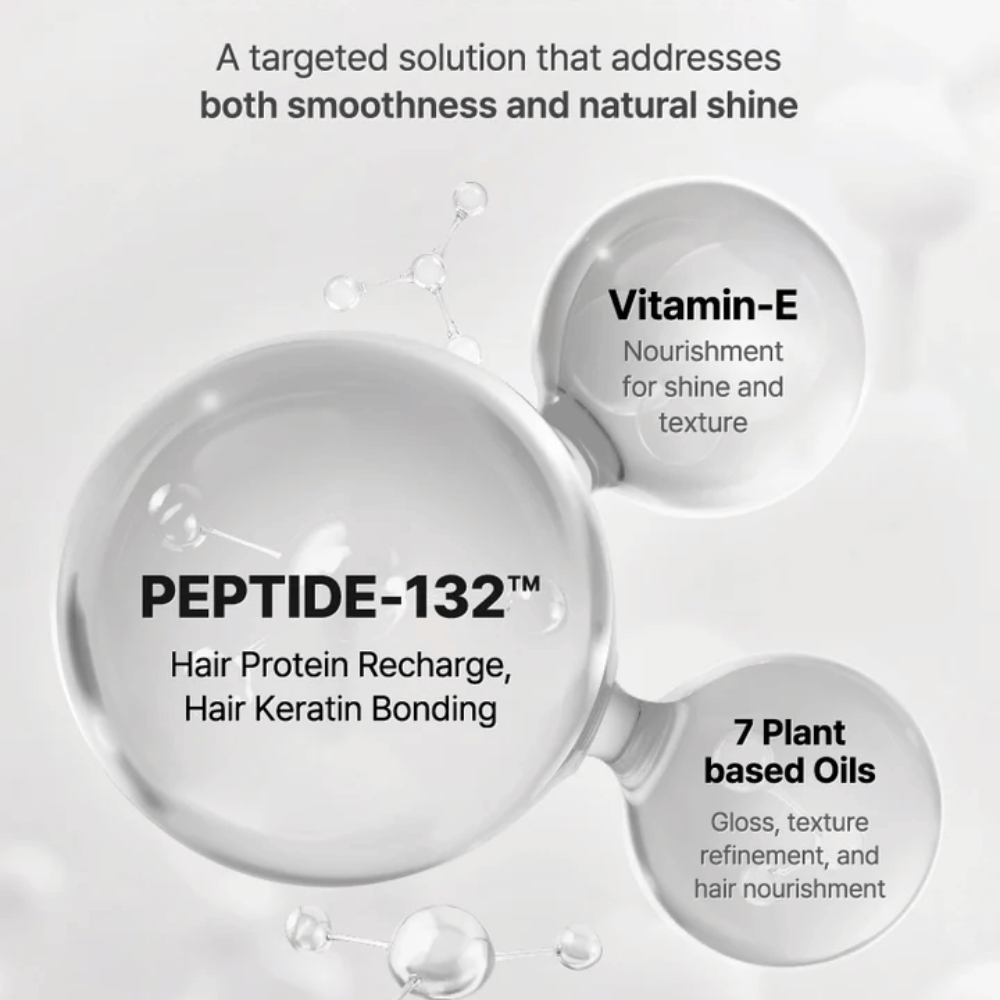 Tärkeimmät ainesosat COSRX Peptide 132 Serumissa – peptidit, E-vitamiini ja 7 kasvipohjaista öljyä, jotka vahvistavat ja hoitavat hiuksia.