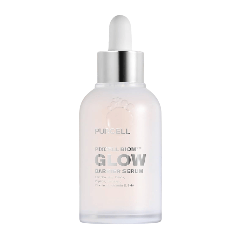 Tuotekuva PURCELL Pixcell Biom Glow Barrier Serum huurrelasisessa pullossa pipetillä – vahvistaa ihon suojakerrosta ja antaa luonnollista hehkua.