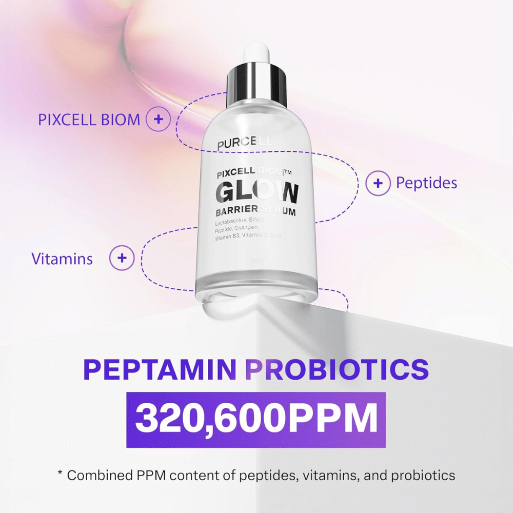 PURCELL Pixcell Biom Glow Barrier Serum Peptamin Probiotics 320 600 PPM:llä – peptidien, vitamiinien ja probioottien yhdistelmä.