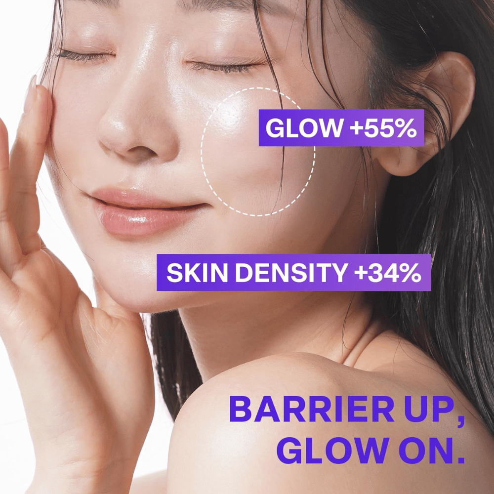 Lähikuva naisesta, jolla on hehkuva iho käytön jälkeen PURCELL Pixcell Biom Glow Barrier Serum. Ihon hehku lisääntyy 55 % ja tiheys 34 %.