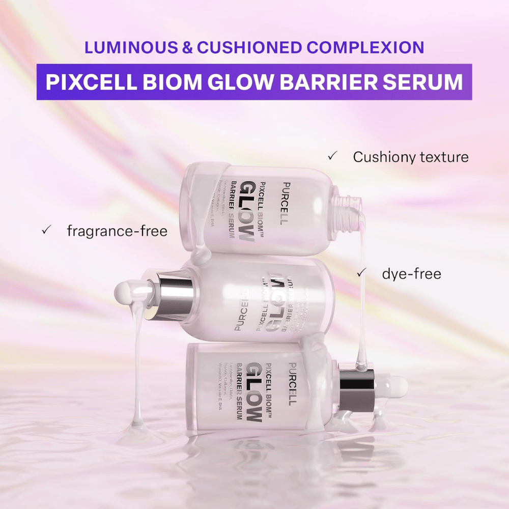 Kolme pulloa PURCELL Pixcell Biom Glow Barrier Serum pinottuna valuvan seerumin kanssa. Hajusteeton, väriaineeton ja pehmeä, tyynyinen koostumus.