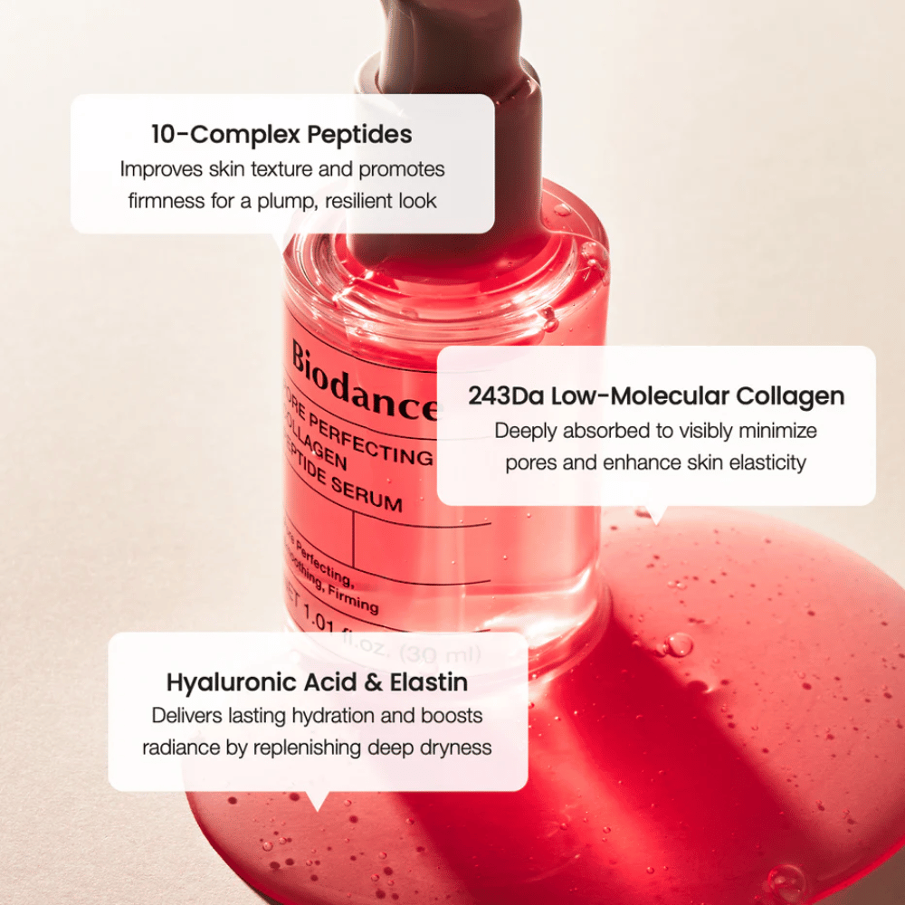 Biodance Pore Perfecting Collagen Peptide Serum peptideillä, kollageenilla ja hyaluronihapolla kiinteämmälle iholle.