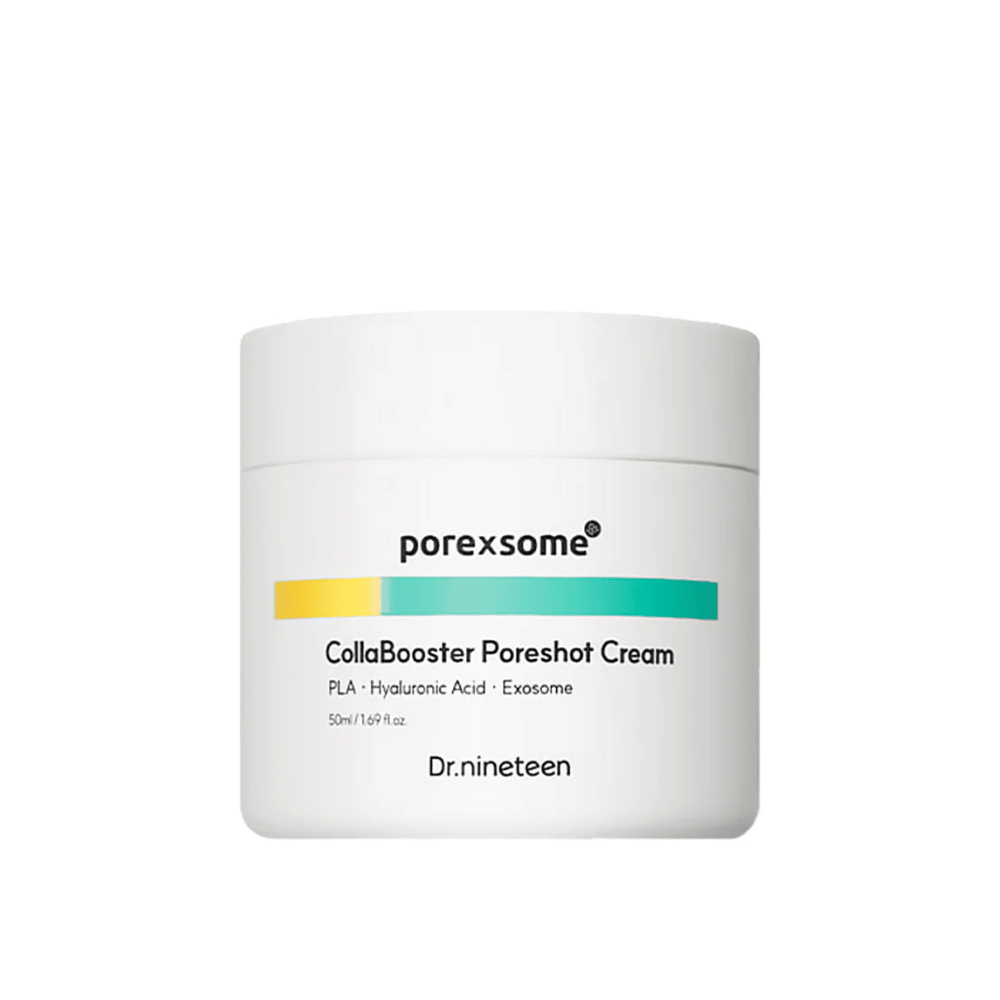 Tuotekuva Porexsome CollaBooster Poreshot Cream valkoisessa purkissa, jossa on keltaisia ja turkooseja värityksiä. Huokosia supistava ja kosteuttava kasvovoide.