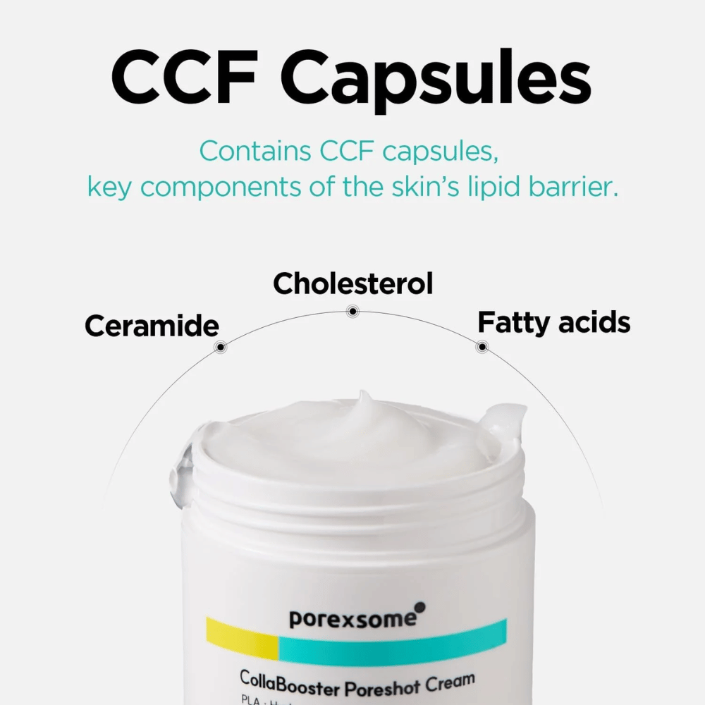 Avoin purkki Porexsome CollaBooster Poreshot Cream tekstillä CCF-kapseleista: keramidit, kolesteroli ja rasvahapot, jotka vahvistavat ihon suojamuuria.