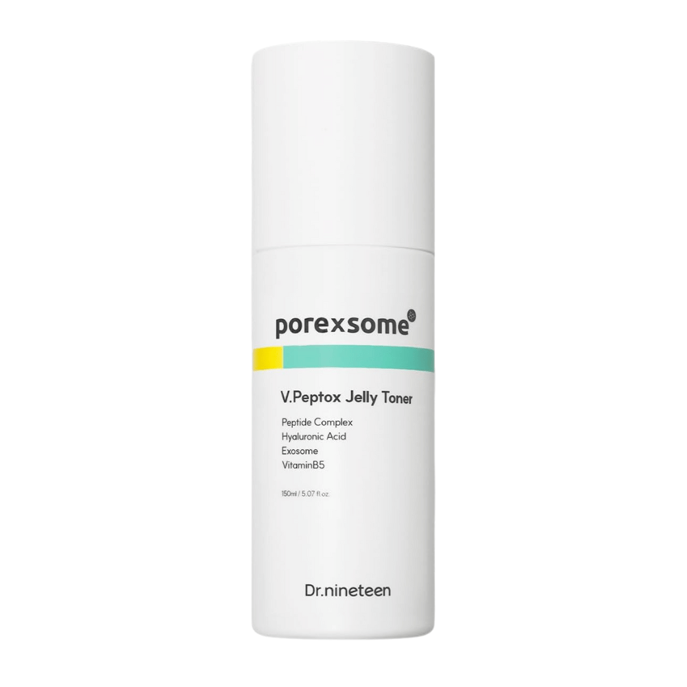 Tuotekuva Dr.nineteen Porexsome V.Peptox Jelly Toner valkoisessa pullossa. Kosteuttava kasvovesi, jossa on peptidejä, eksosomeja ja B5-vitamiinia.
