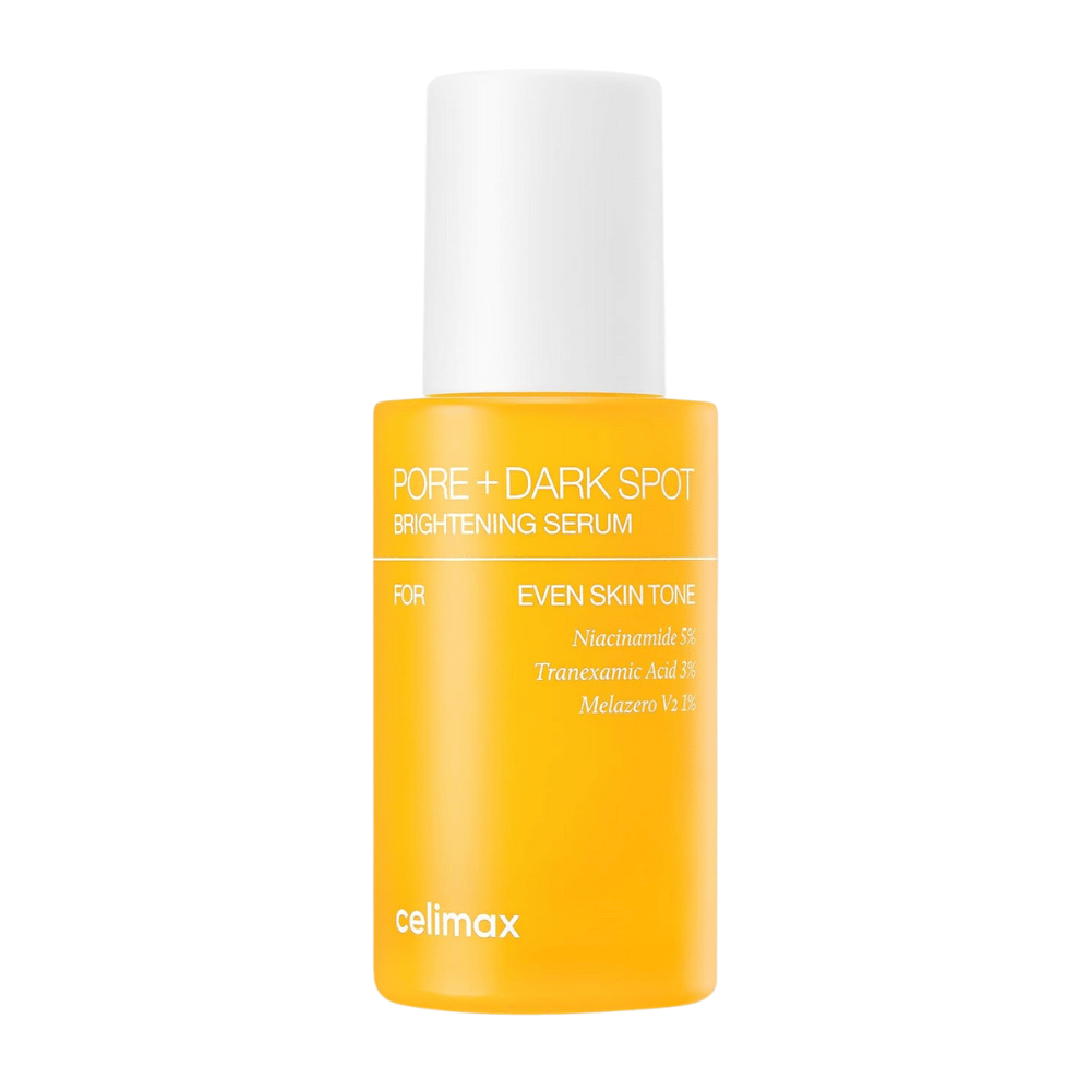 Celimax Pore + Dark Spot Brightening Serum seisovassa keltaisessa pullossa, jossa on valkoinen korkki, sisältää niasiiniamidia, traneksaamihappoa ja Melazeroa.