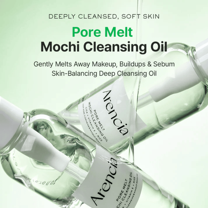Tuotekuva eduista Arencia Pore Melt Mochi Cleansing Oil, sulattaa meikin ja talin, tukee ihon suojaa ja jättää ihon pehmeäksi ilman kiristystä.