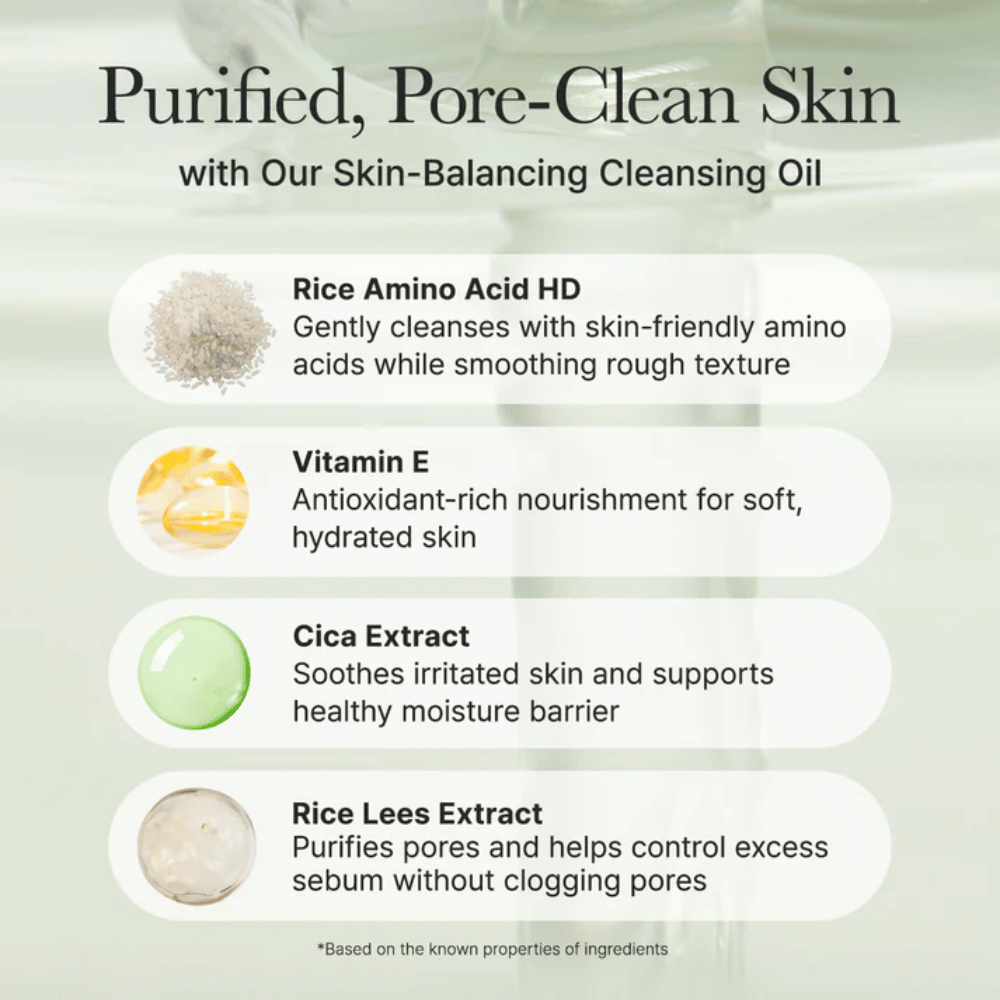 Ainesosayhteenveto Arencia Pore Melt Mochi Cleansing Oil riisiaminohapon, E-vitamiinin, cica-uutteen ja riisilesiuutteen kanssa hellävaraiseen puhdistukseen ja vahvistettuun ihon suojaan.