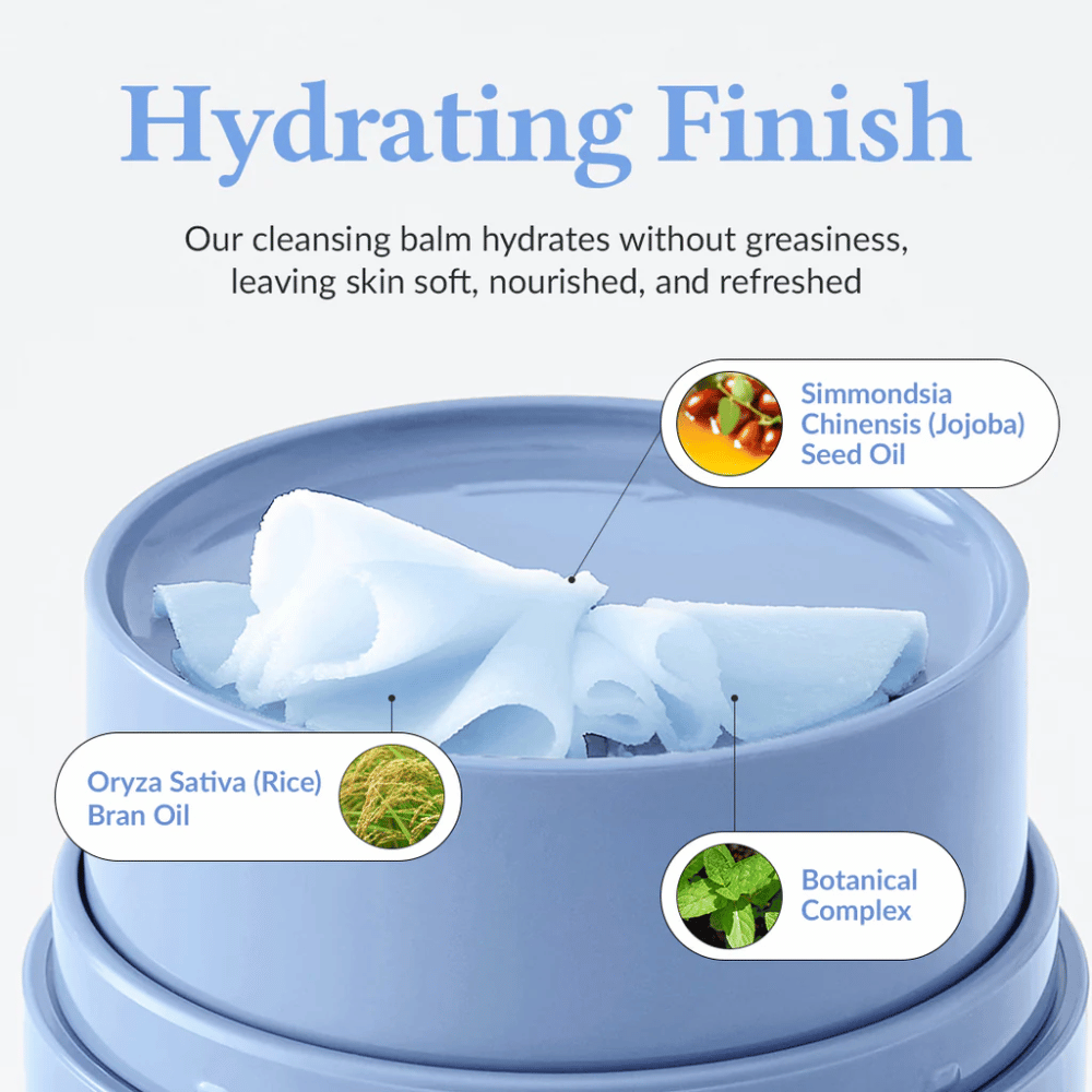 Dr.Althea Pore Refresh Grinding Cleansing Balm tekstillä "Hydrating Finish" yläpuolella. Tuote sisältää Simmondsia Chinensis (Jojoba) Seed Oil, Oryza Sativa (Rice) Bran Oil, ja kasvikompleksin. Voide antaa kosteuttavan vaikutuksen tuntumatta rasvaiselta, jättäen ihon pehmeäksi, ravituksi ja raikkaaksi.
