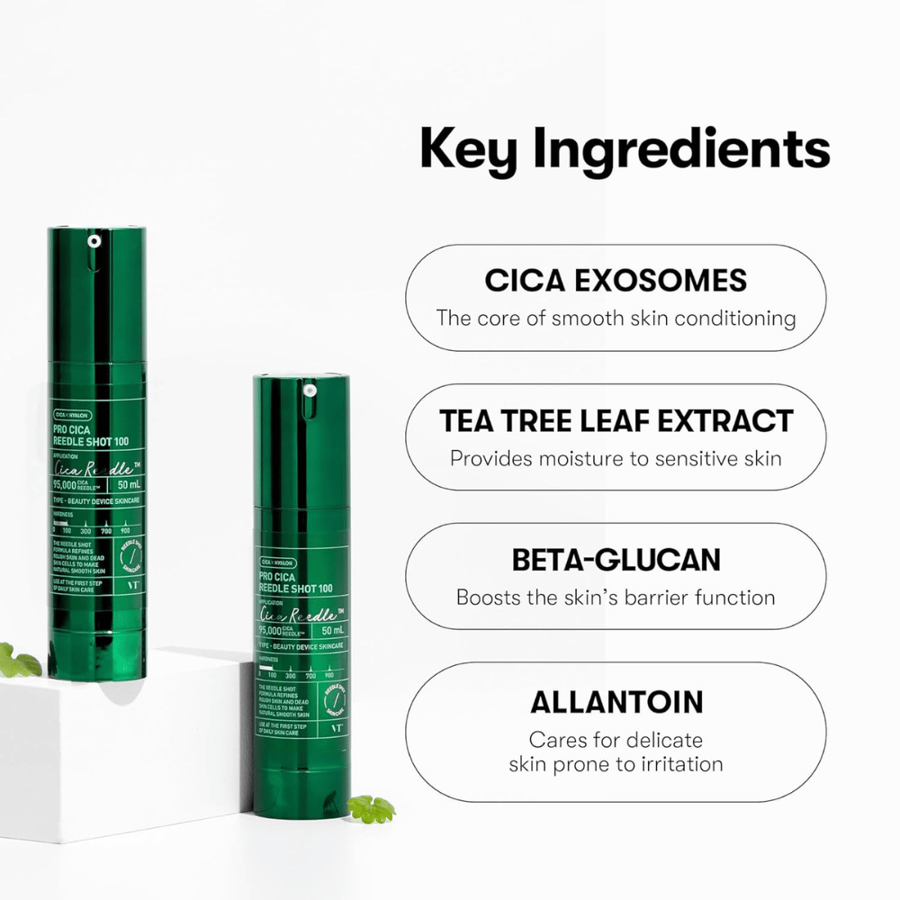 VT Cosmetics Pro Cica Reedle Shot 100 avainainesosilla kuten CICA eksosomit, tea tree-uute, beetaglukaani ja allantoiini rauhoittavaan ja suojaa vahvistavaan ihonhoitoon