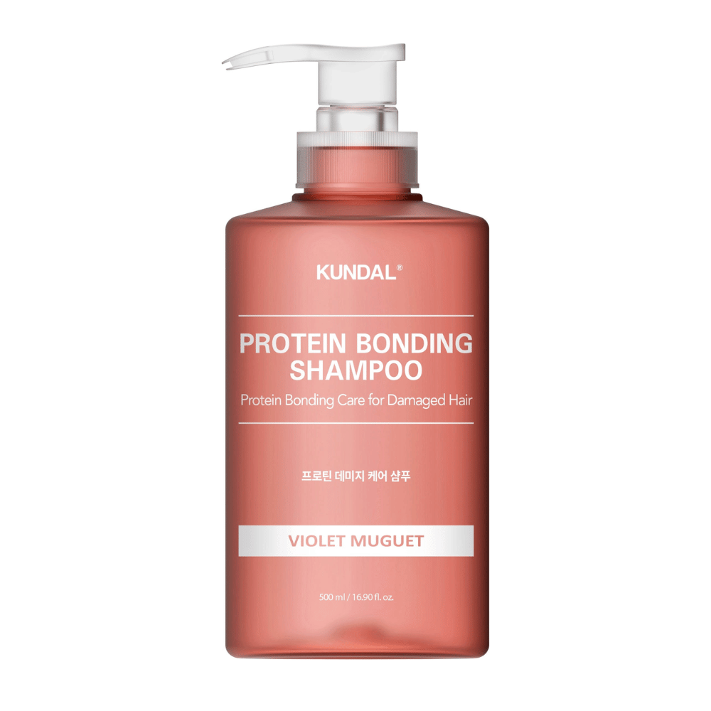 KUNDAL Protein Bonding Shampoo Violet Muguet 500 ml pumppupullossa valkoista taustaa vasten.