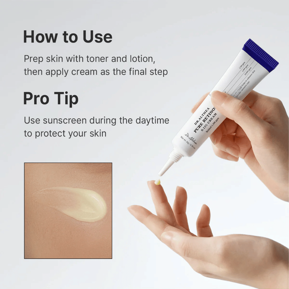 Ohjekuva, jossa näytetään, miten Dr. Althea Pure Retinol 0.15% Cream levitetään. Käsi pitelee tuubia samalla kun pieni määrä voidetta puristetaan sormenpäähän. Kuvassa on myös lähikuva vaaleankeltaisesta, voidemaisesta tekstuurista, ja siinä suositellaan aurinkosuojan käyttöä päivisin retinolia käytettäessä.