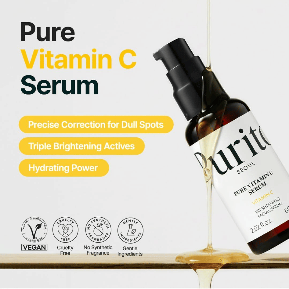 Purito SEOUL Pure Vitamin C Serum C-vitamiinilla, kosteuttavalla bambuvedellä ja hehkua antavilla ainesosilla – vegaaninen ja cruelty-free koostumus ilman synteettistä hajustetta.