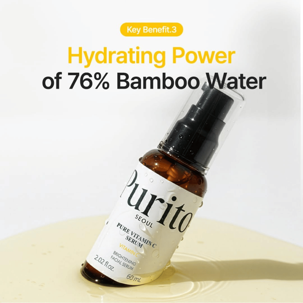 Purito SEOUL Pure Vitamin C Serum sisältää 76 % bambuvettä, joka auttaa kosteuttamaan ihoa samalla kun seerumi antaa hehkua.