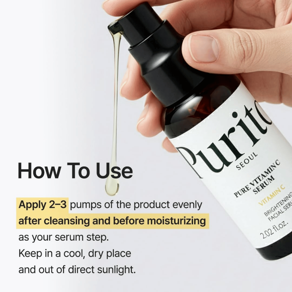 Näin käytät Purito SEOUL Pure Vitamin C Serum – levitä 2–3 pumppausta puhdistuksen jälkeen ja ennen kasvovoidetta seerumivaiheessa ihonhoitorutiinissa.