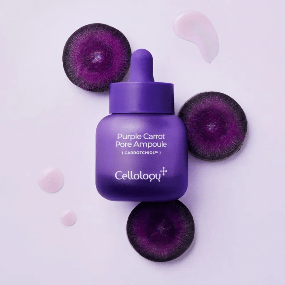 Cellology Purple Carrot Pore Ampoule violetilla porkkanalla ja Carrotchiolilla huokosten hoitoon ja sileämmän ihotuntuman saavuttamiseksi.