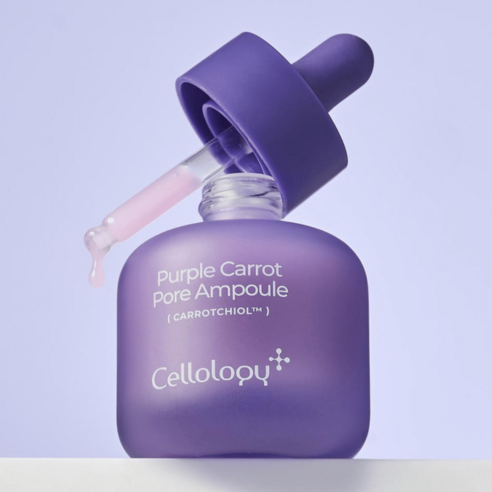 Cellology Purple Carrot Pore Ampoule pipetillä, joka näyttää ampullin pehmeän, kermaisen koostumuksen.