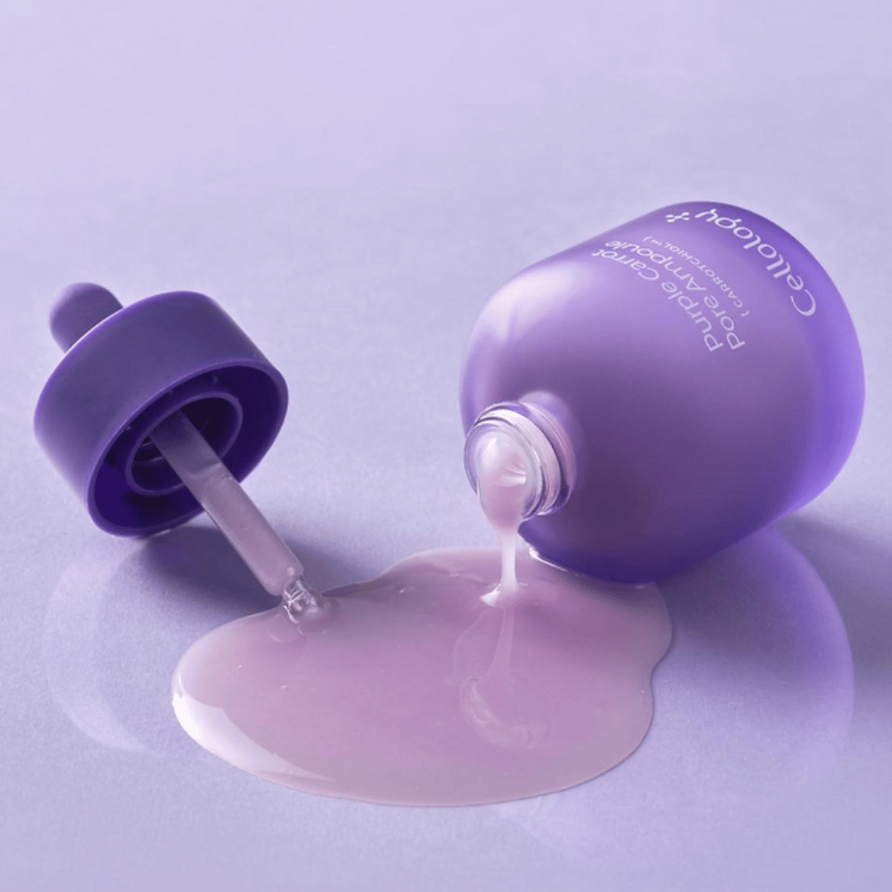 Cellology Purple Carrot Pore Ampoule pipetillä ja kermaisella seerumikoostumuksella näkyvien huokosten hoitoon.
