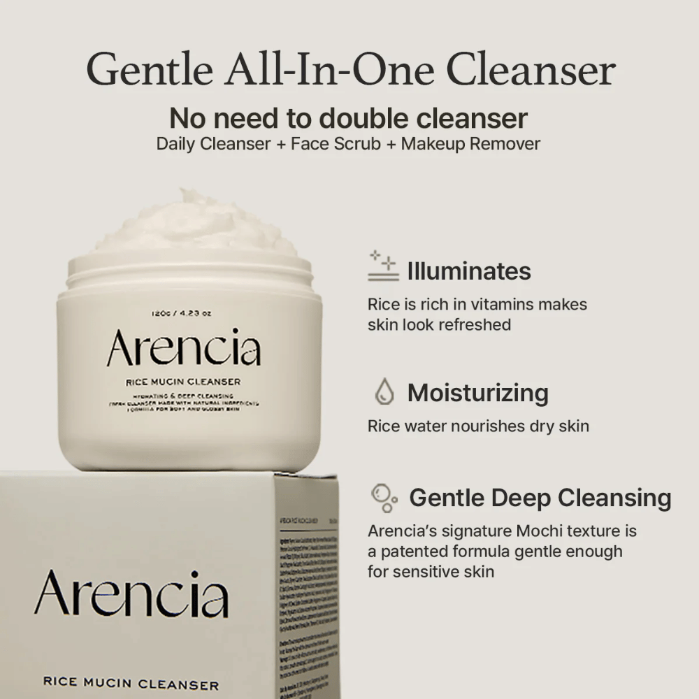 Arencia Rice Mucin Cleanser esitetään pakkauksen kanssa. Teksti korostaa kolmea Edut: heleyttävää riisivitamiineilla, kosteuttavaa riisivedellä ja hellävaraista syväpuhdistusta Mochi-koostumuksella – kaikki yhdessä tuotteessa.
